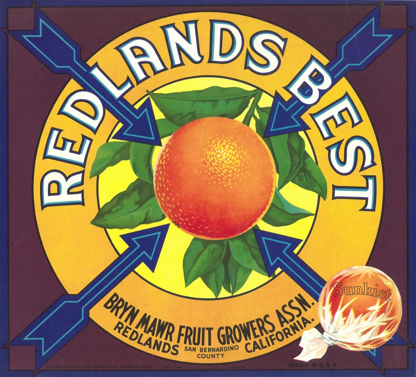 Redlands Best, citrus crate label, orange, Redlands, San Bernardino County, California, 1930-1940