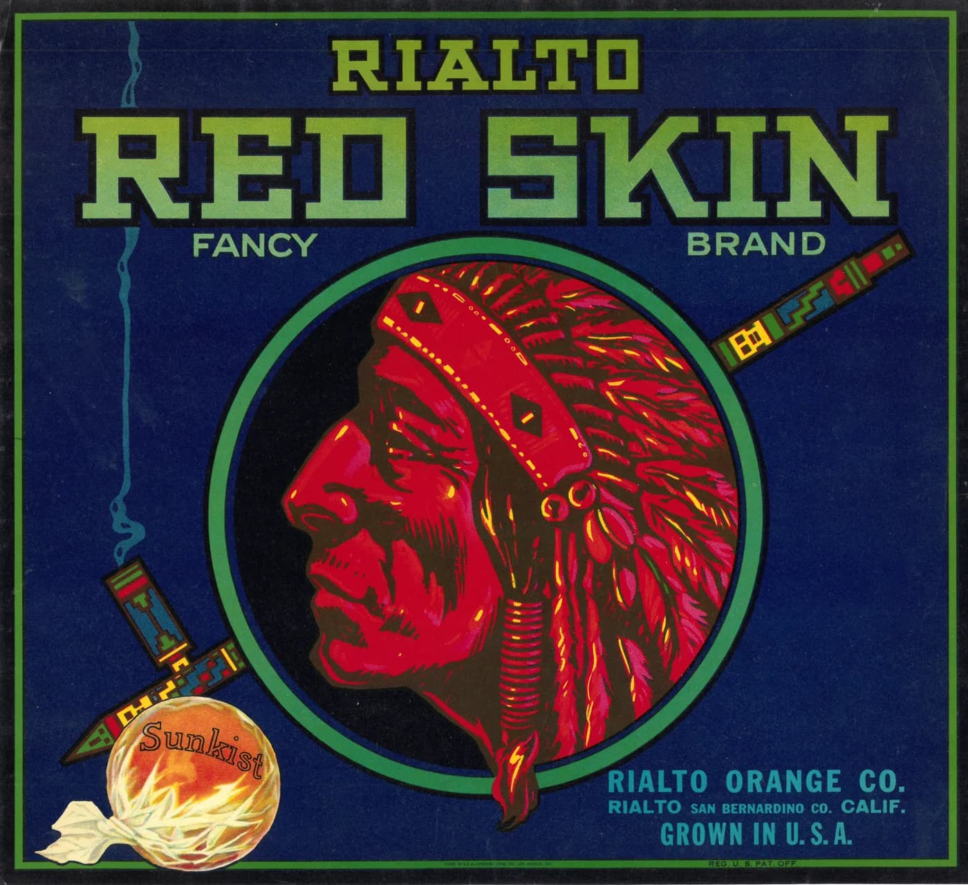 Rialto Red Skin, citrus crate label, fancy, Rialto, San Bernardino Co., Calif., 1920-1930